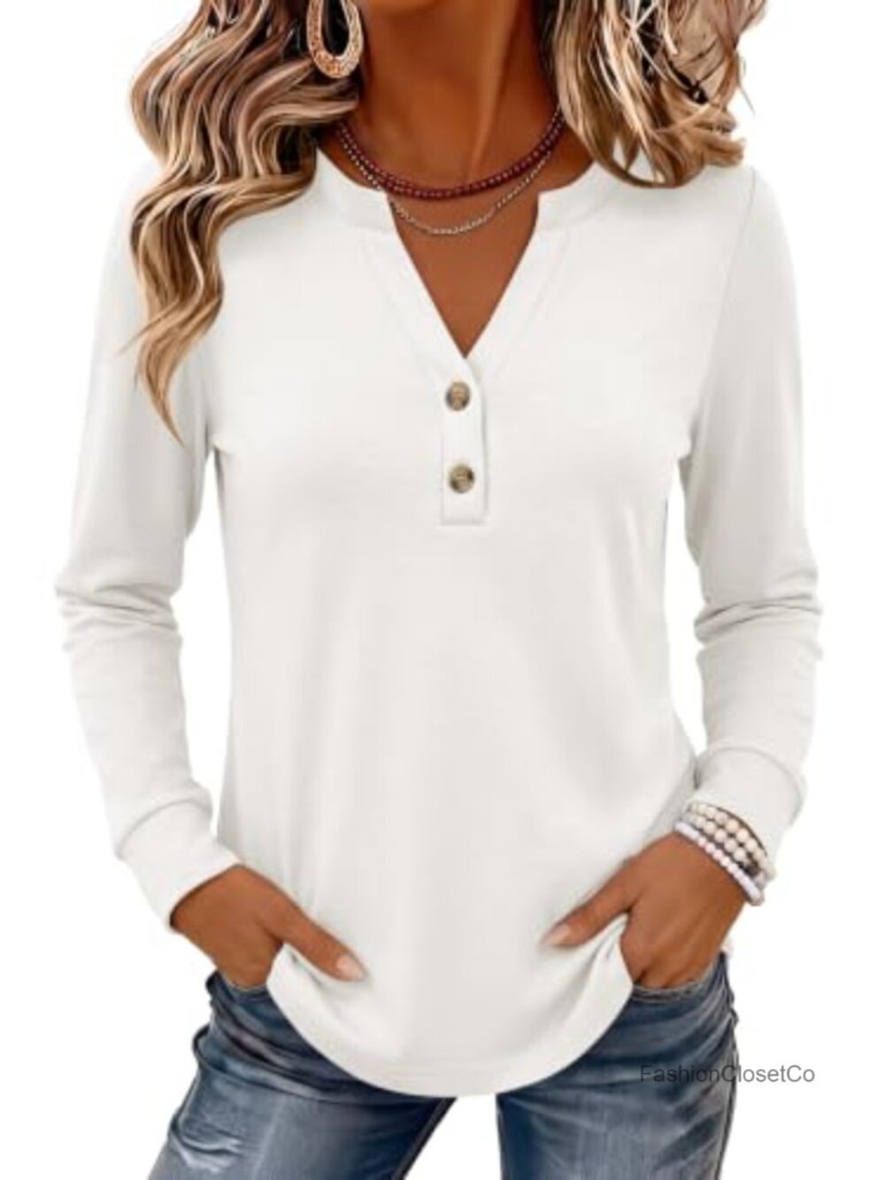 Womens Long Sleeve Henley V Neck Blouse